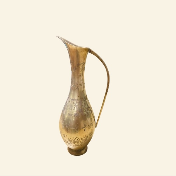 Vintage Solid Brass Pitcher Vase Etched with Handle  11" India - Picture 3 of 11